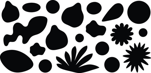Fototapeta premium Vector art of assortment of black organic and geometric shapes scattered on a white canvas isolated on transparent background.