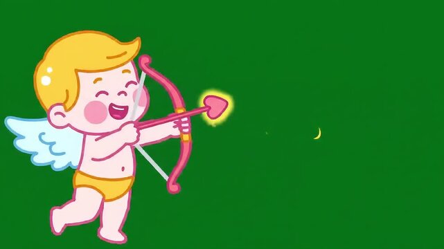 Cupid shoots heart arrow; green background; Valentine's card