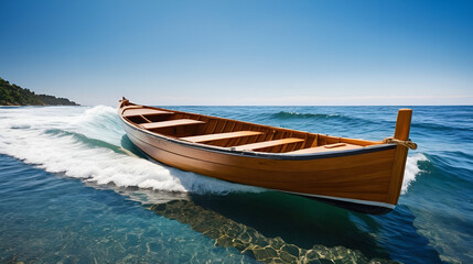 Naklejka premium Wooden boat on waves or and paddle
