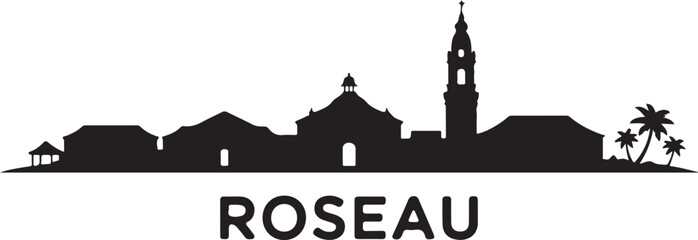 Obraz premium Roseau Skyline Silhouette Colonial Rooftops Tropical Landscape Dominica City Vector on White Background