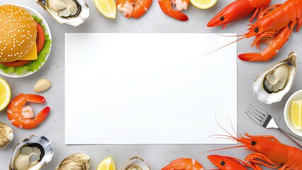 Top view flat lay of a seafood feast with crawfish, oysters, shrimp, and a burger framing a blank paper menu. A delicious food spread on a concrete table, perfect for a restaura