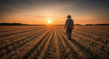 Fototapeta premium Farmer Walking Through Harvested Field at Golden Hour Sunset