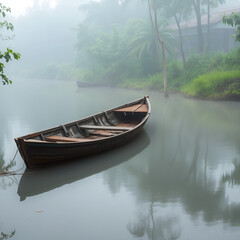 Obraz premium An old, rusty rowboat rests on a misty river with greenery and a tranquil atmosphere