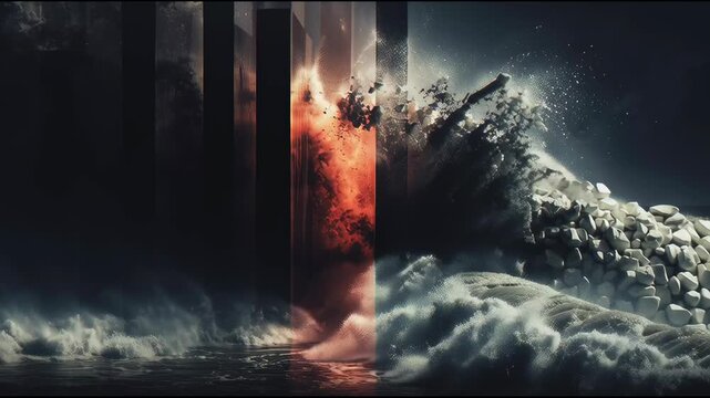 Tsunami, destruction, fast zoom in

