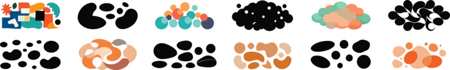 Vector art of an eclectic assortment of abstract shapes and organic forms in a dynamic modern art composition isolated on transparent background.