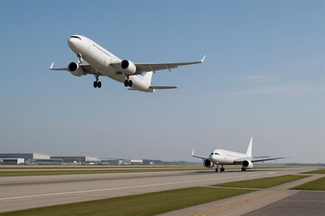 Obraz premium Airplane taking off from airport runway with another vehicle in the foreground
