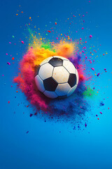 Naklejka premium Colorful explosion of powder surrounding a soccer ball against a blue background, showcasing dynamic motion