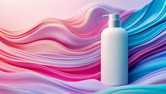 High-quality 3D rendering of a modern cosmetic bottle mockup on an abstract tropical background, featuring vibrant colorful waves, soft lighting, and decorative palm leaves.