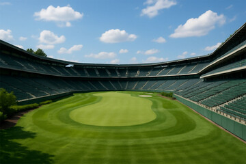 Iconic wimbledon centre court tennis stadium under a bright blue sky