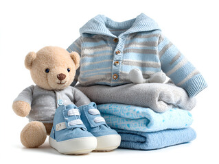 Baby boy clothes teddy bear and shoes soft knitted sweater stack of blankets newborn essentials