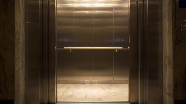 Modern elevator doors open to reveal a bright, clean interior with reflective stainless steel walls and marble accents.
