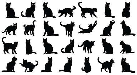 Collection of black cat silhouettes in various poses on white background perfect for Halloween designs and pet related projects