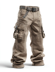 Beige cargo pants with multiple pockets and a belt are shown on a white background