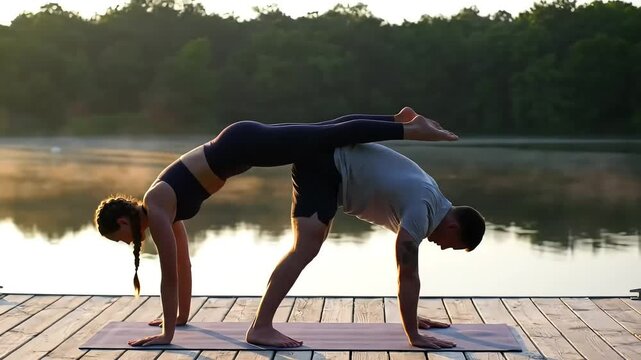 Couple doing acro yoga on lake dock at sunrise