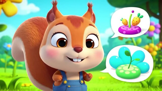 Cute squirrel shows flower toy in garden
