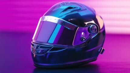 Fototapeta premium Modern motorcycle helmet with reflective visor on a vibrant neon background in a creative studio setting