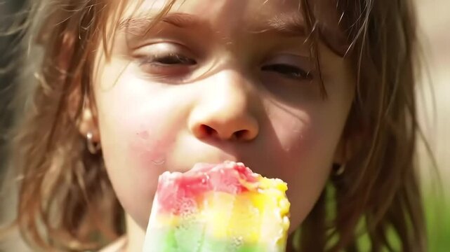 Girl eating rainbow popsicle outdoors, sunny day