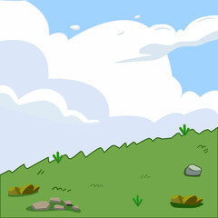 Cartoon Illustration of Meadow Landscape with Blue Sky
