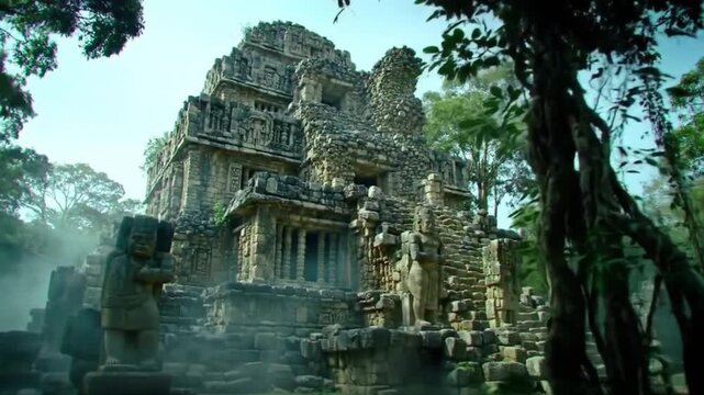 Exploring the majestic ancient temple ruins hidden deep within a lush, misty jungle, a lost civilization's grand monument.