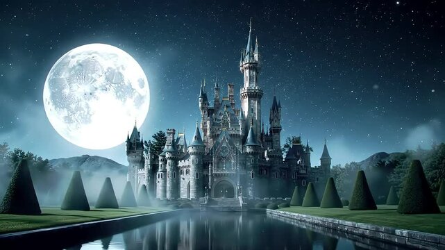 Fairytale castle moonlit night, misty moat, fantasy background, storybook illustration