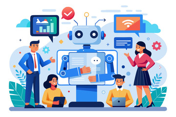 Team collaborating with a robot for business growth and technology integration