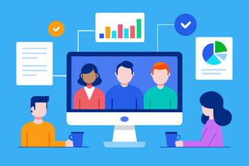 Diverse team collaborating remotely on a video conference with charts and documents