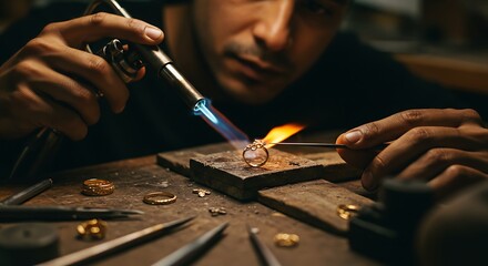 Focused Jeweler Working on Golden Ring with Torch in Workshop