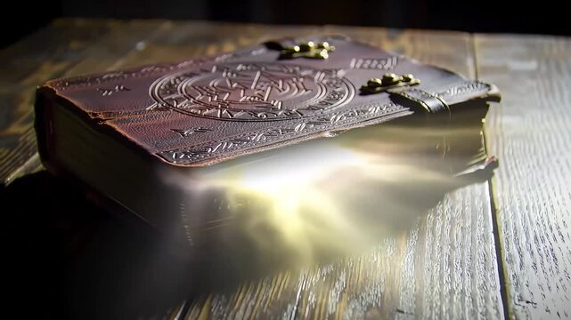 Antique leather journal on wood, mystical aura, blurred background, fantasy book