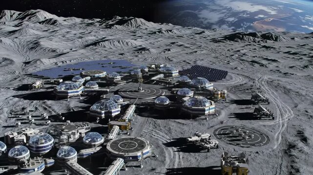 Futuristic lunar base on moon surface with domes and rovers under Earthrise, showcasing advanced extraterrestrial settlement and scientific exploration.