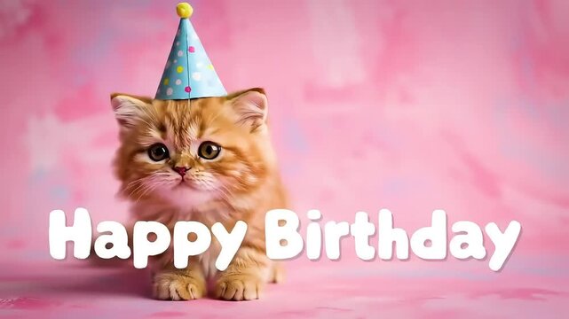 Kitten Birthday Hat Pink Background Greeting Card