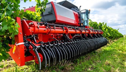 Red grape harvester in a vineyard on a sunny day, agricultural machinery