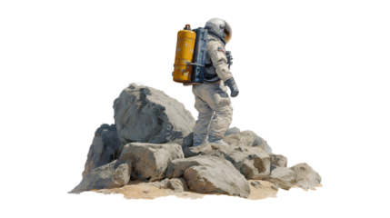 Astronaut exploring rocky alien planet surface