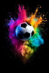 Naklejka premium A vibrant soccer ball bursts through a colorful explosion of powder, showcasing energy and excitement