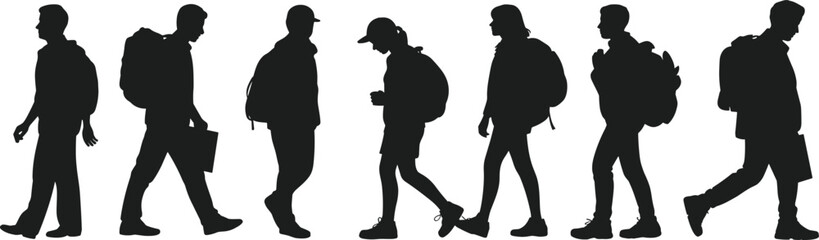 Walking people silhouettes, backpack travelers, student figures vector, urban walkers, casual pedestrians, group walking side view graphic
