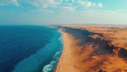 Aerial View of Serene Desert Landscape Meets Tranquil Ocean Shoreline under a Clear Blue Sky