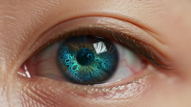 Close-up eye; teal data pattern reflected; skin texture; medical, tech use