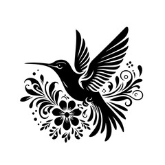 Fototapeta premium A black hummingbird in flight with ornate floral elements