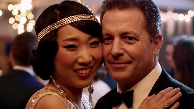 Couple smiling at party, 1920s style, bokeh background, romance