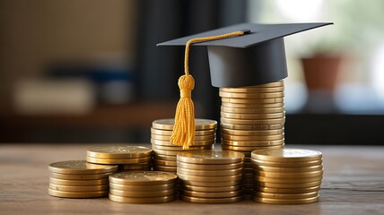 Graduation cap on stacks of gold coins representing the cost of education