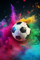 Fototapeta premium A dynamic soccer ball surrounded by vibrant colored powder bursts in a dark background