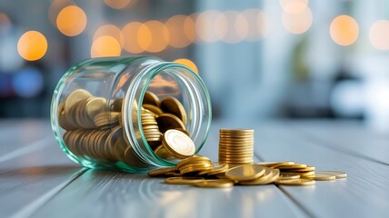Gold Coins Spilling from Glass Jar on Wooden Table