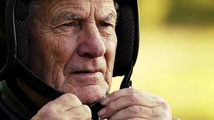 Elderly man fastening helmet outdoors, blurred field background, adventure - Powered by Adobe