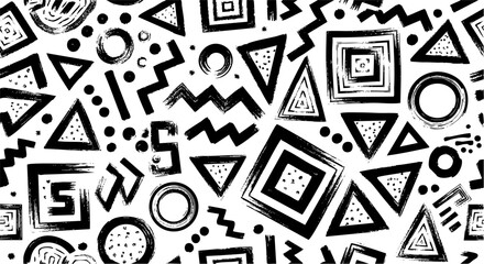 Seamless geometric pattern with hand drawn brush stroke shapes triangles circles squares zigzag lines texture design