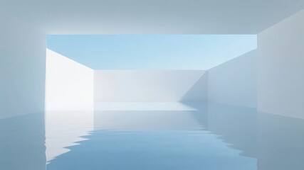 Minimalist architectural space with water reflection and soft lighting
