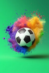 Naklejka premium Colorful explosion of powder surrounding a soccer ball on a vibrant green background