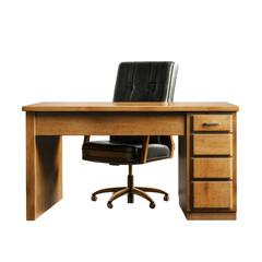 Classic wooden office desk with executive chair isolated on transparent background