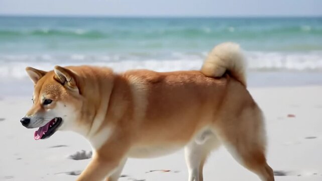 Shiba Inu walking beach, ocean background, pet portrait