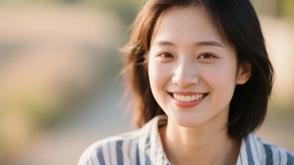 Fototapeta premium A young woman with a warm smile, wearing a striped shirt, outdoors in soft lighting.