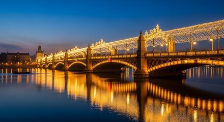 Fototapeta premium Illuminated Bridge Arches Reflecting Golden Lights on Calm Water at Dusk