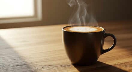 Steaming cappuccino with creamy foam on wooden table in warm light perfect for breakfast or a cafe moment